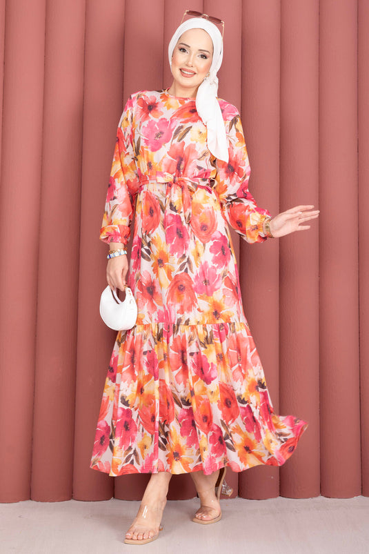 Fuchsia Patterned Dress with Gathered Hem and Belt