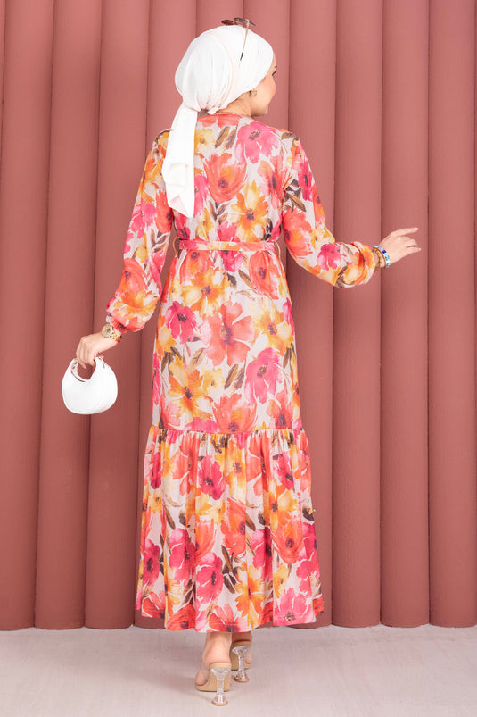 Fuchsia Patterned Dress with Gathered Hem and Belt