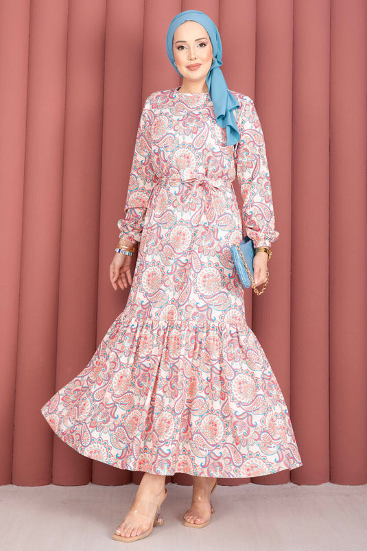 Robe à motif avec ceinture et ourlet froncé crème
