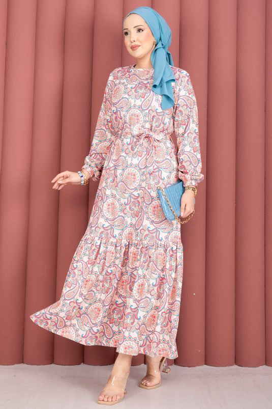 Gathered Hem Belted Patterned Dress Cream