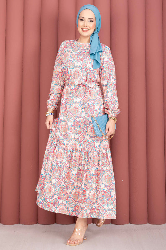 Robe à motif avec ceinture et ourlet froncé crème