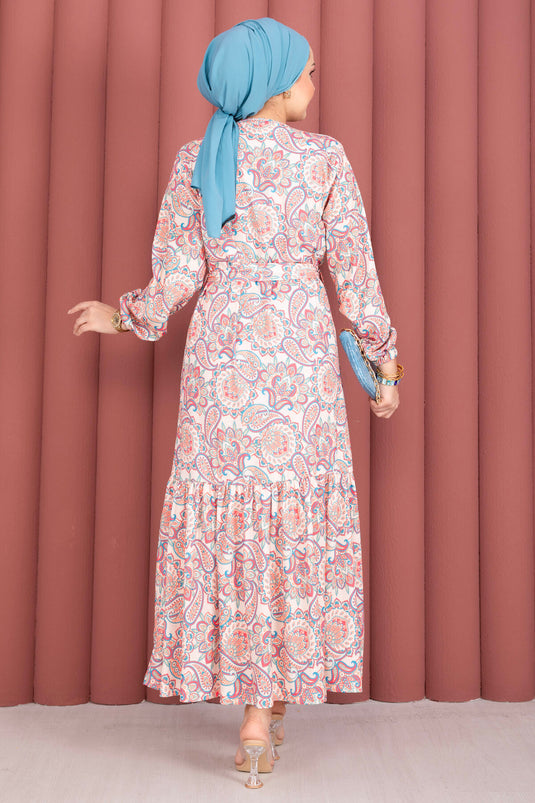 Robe à motif avec ceinture et ourlet froncé crème