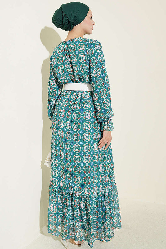 Grünes Chiffon-Kleid Mit Lockerer Passform Und Gerafftem Rock