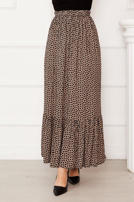 Patterned Viscose Skirt with Ruffled Waist and Elasticated Waist Mink Skirt