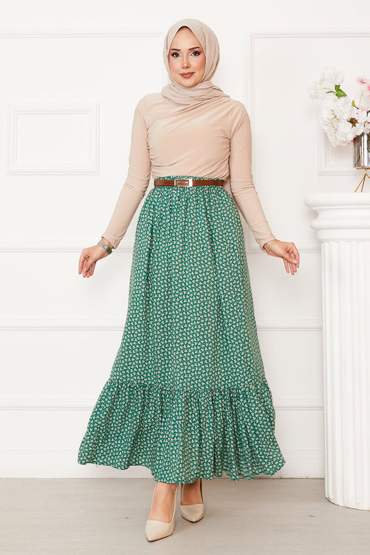 Gemusterter Viskoserock mit gerüschter Taille und elastischem Rock Grün