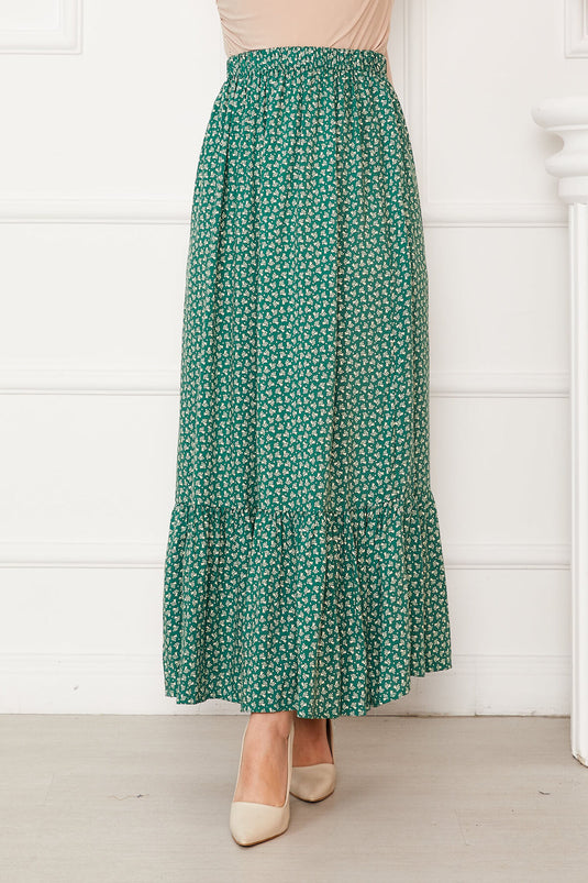 Patterned Viscose Skirt with Ruffled Waist and Elasticated Skirt Green