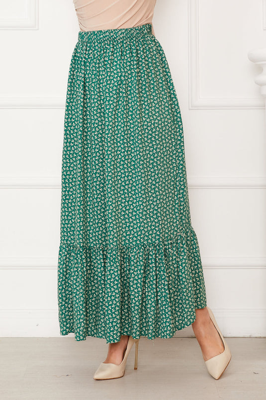 Patterned Viscose Skirt with Ruffled Waist and Elasticated Skirt Green