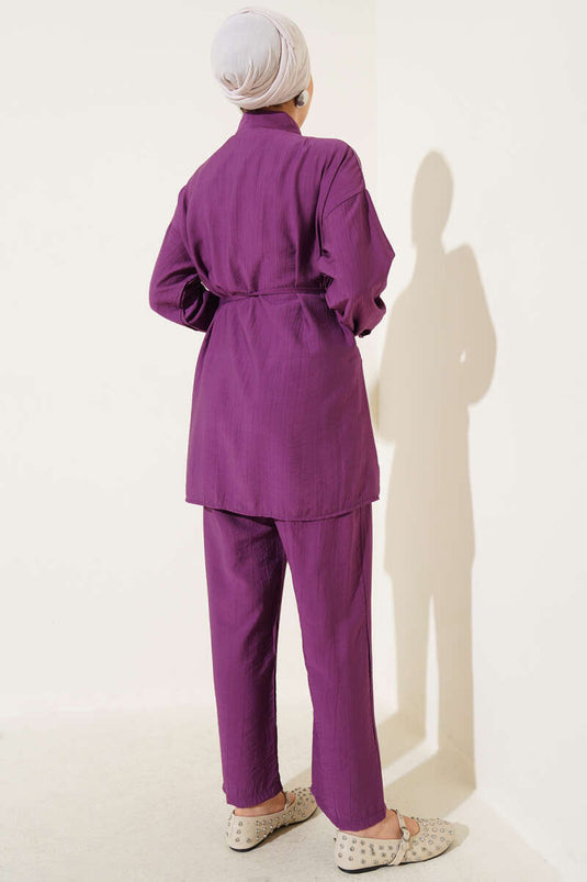 Eteği Fırfırlı İp Kuşaklı İkili Takım Magenta