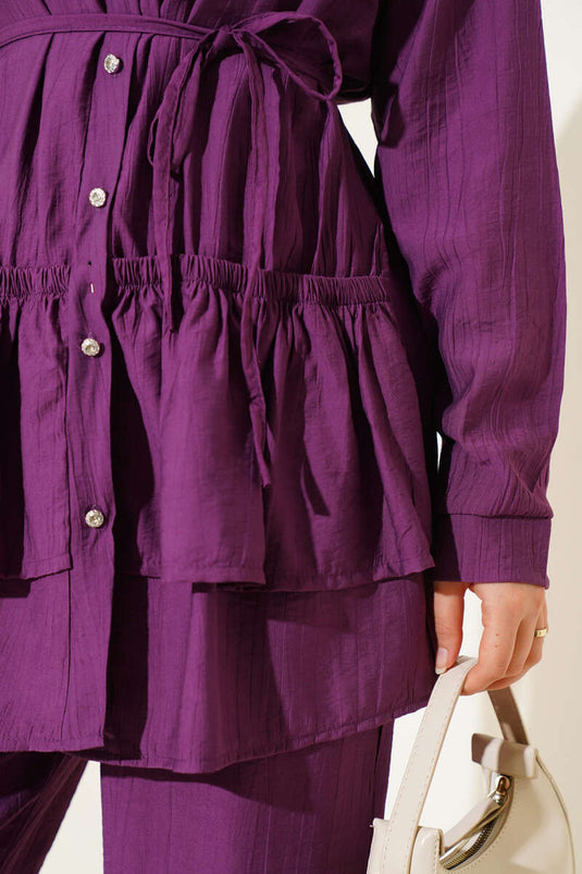 Eteği Fırfırlı İp Kuşaklı İkili Takım Magenta