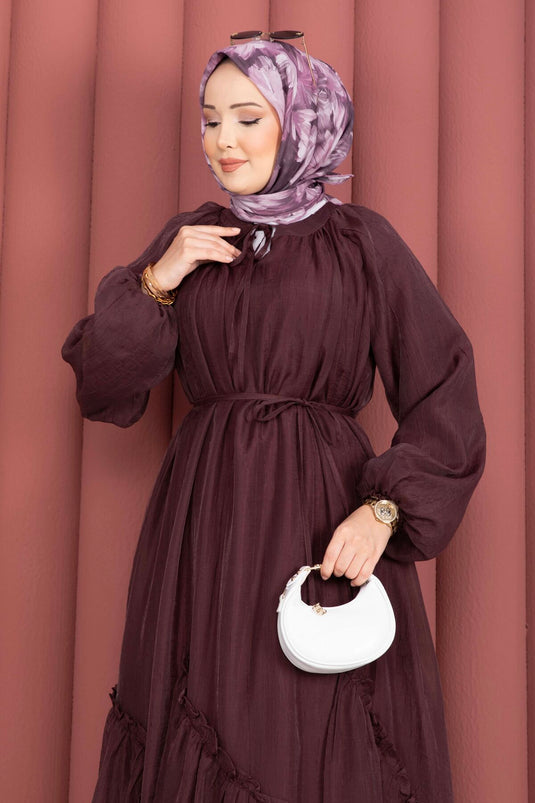 Robe Tesettür à Volants avec Ceinture Couleur Mûre