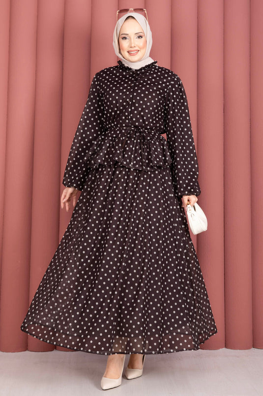 Ensemble blouse et jupe à volants à pois marron