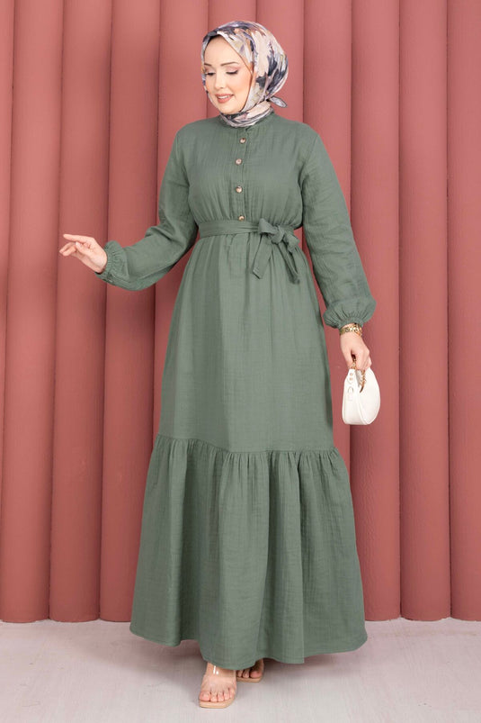 Ruffled Hem Half-Button Modest Dress Khaki