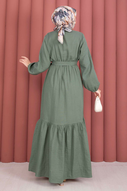 Ruffled Hem Half-Button Modest Dress Khaki