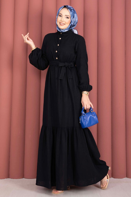 Robe Tesettür à Volants avec Demi Boutons Noire