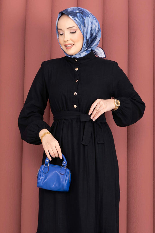 Robe Tesettür à Volants avec Demi Boutons Noire