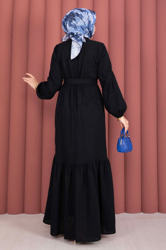 Robe Tesettür à Volants avec Demi Boutons Noire