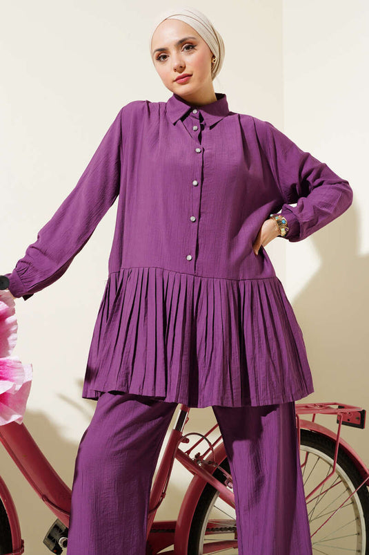 Pleated Skirt Half Buttoned Two-Piece Set Magenta