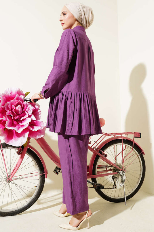 Pleated Skirt Half Buttoned Two-Piece Set Magenta