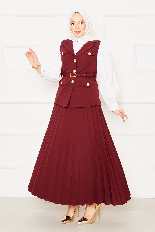 Eteği Piliseli Kemerli Yelekli İkili Takım Bordo