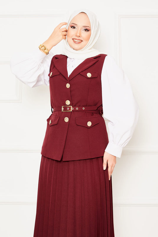 Eteği Piliseli Kemerli Yelekli İkili Takım Bordo