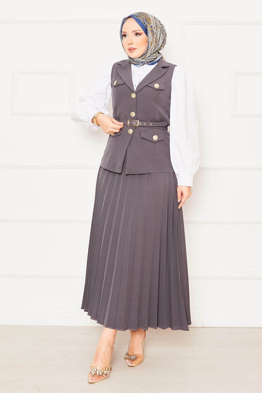 Eteği Piliseli Kemerli Yelekli İkili Takım Gri