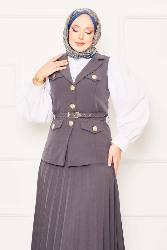 Eteği Piliseli Kemerli Yelekli İkili Takım Gri