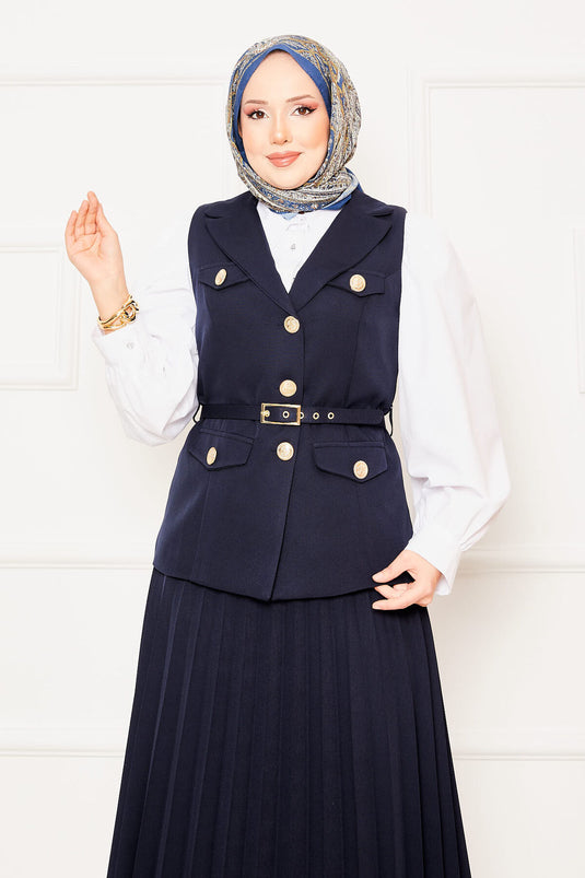 Eteği Piliseli Kemerli Yelekli İkili Takım Lacivert