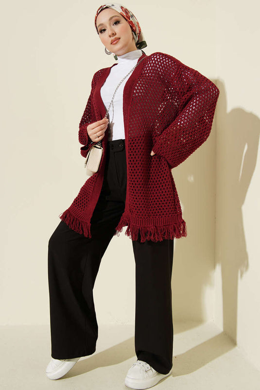 Burgundy Knit Cardigan with Lace and Tassel Hem