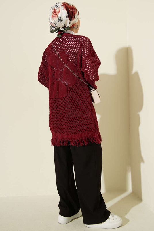 Burgundy Knit Cardigan with Lace and Tassel Hem