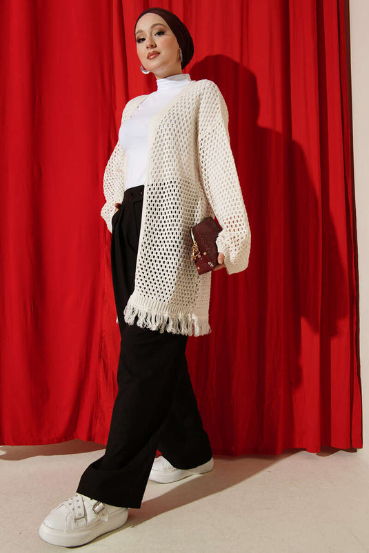 Ivory Openwork Knit Cardigan with Tassel Hem