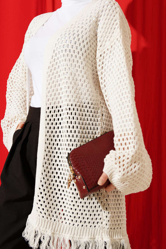 Ivory Openwork Knit Cardigan with Tassel Hem