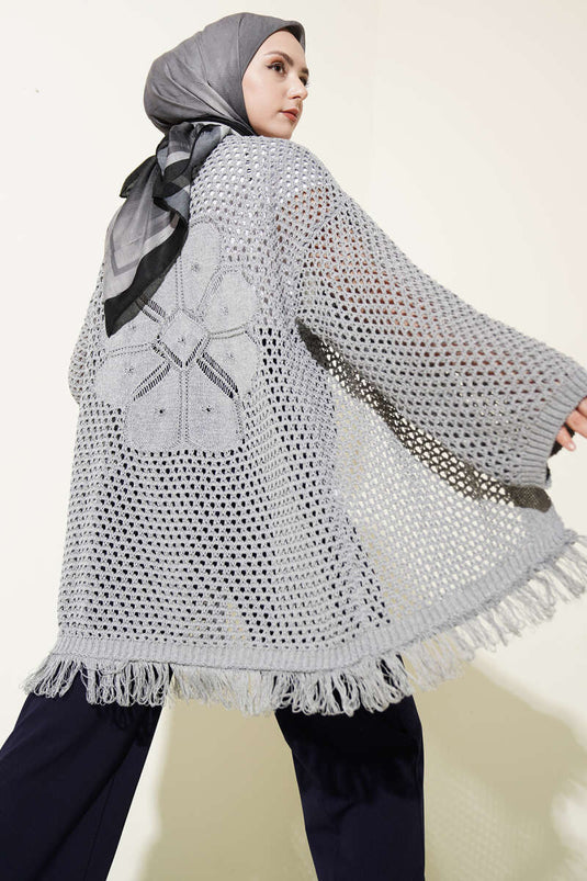 Cardigan en tricot ajouré à franges, gris