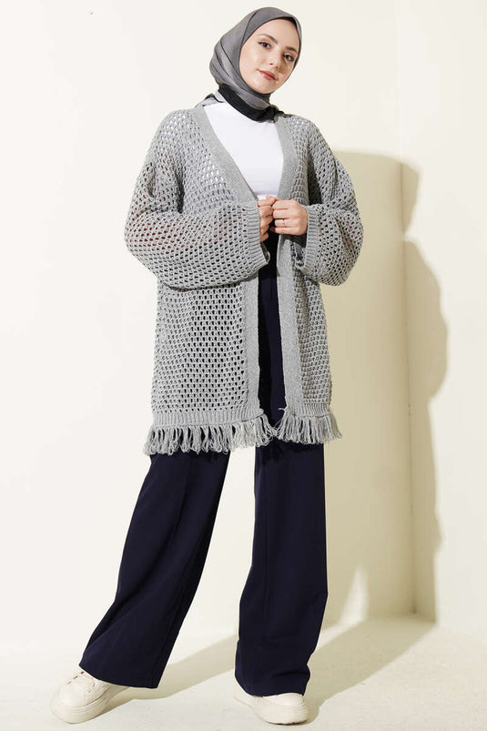 Cardigan en tricot ajouré à franges, gris