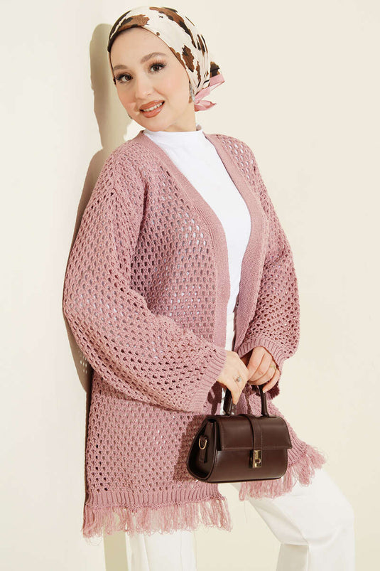 Fringed Openwork Knit Cardigan in Dusty Rose