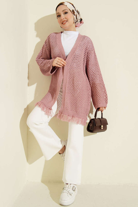 Fringed Openwork Knit Cardigan in Dusty Rose