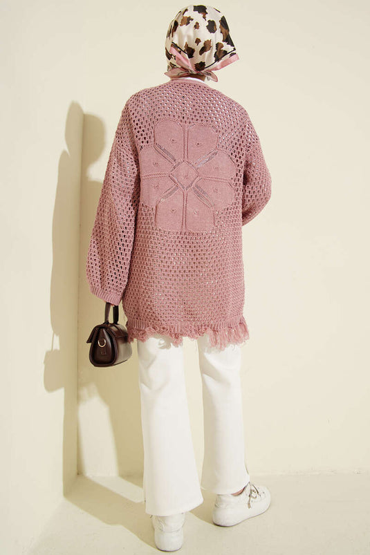 Fringed Openwork Knit Cardigan in Dusty Rose