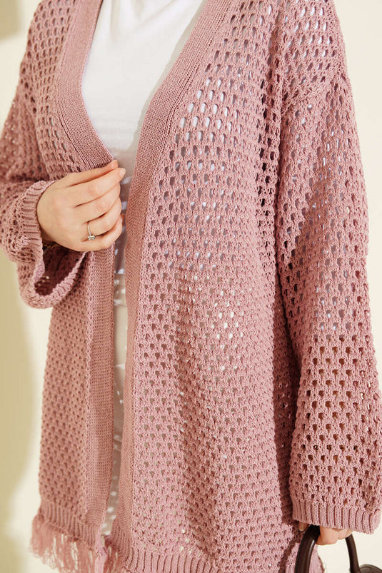 Fringed Openwork Knit Cardigan in Dusty Rose