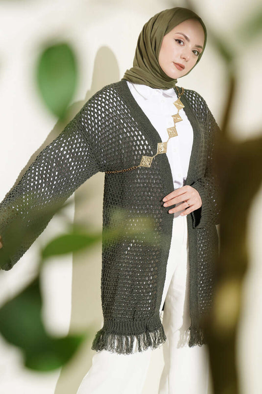 Cardigan en tricot ajouré avec franges, kaki