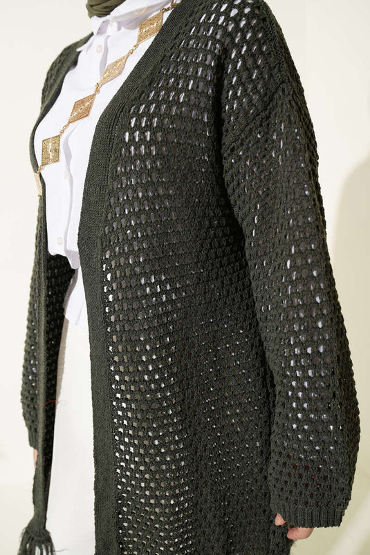 Cardigan en tricot ajouré avec franges, kaki