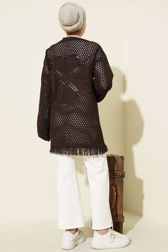 Fringed Openwork Knit Cardigan Brown