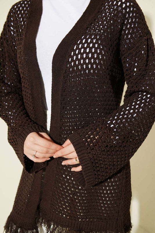 Fringed Openwork Knit Cardigan Brown