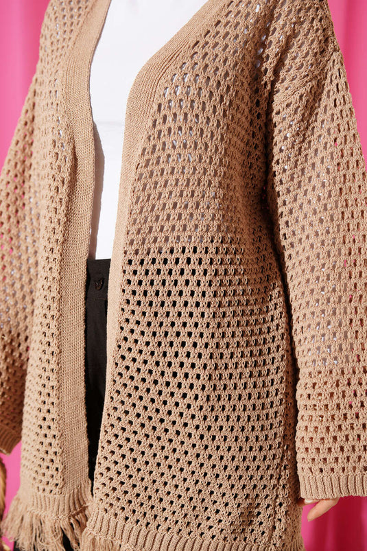 Cardigan en tricot ajouré à franges, couleur latte