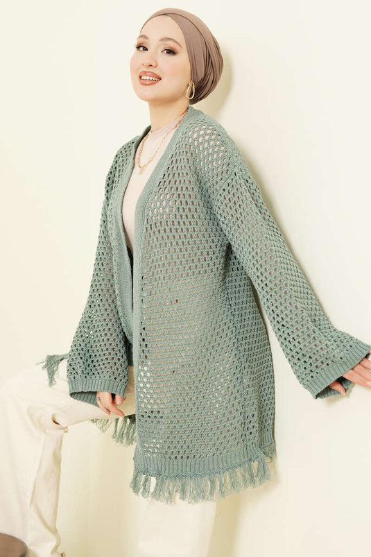 Cardigan en tricot ajouré à franges, menthe