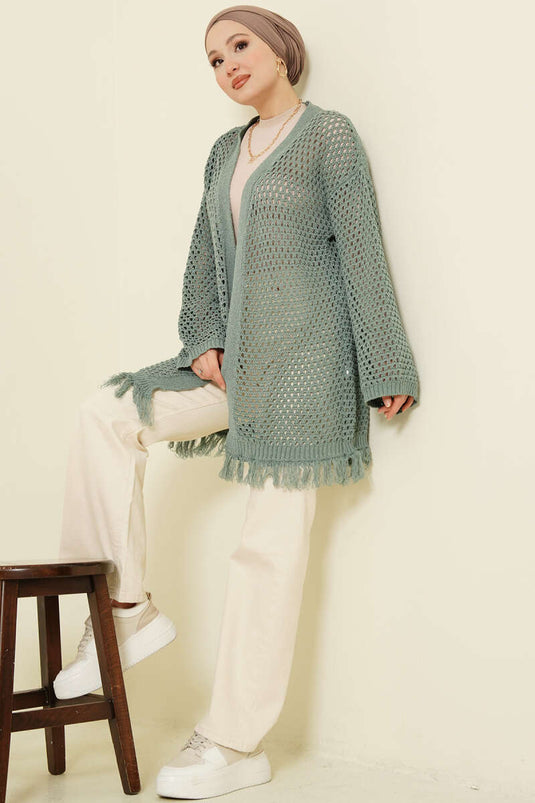 كارديغان محبوك مزين بحواف منسوجة وشرابات باللون النعناعي