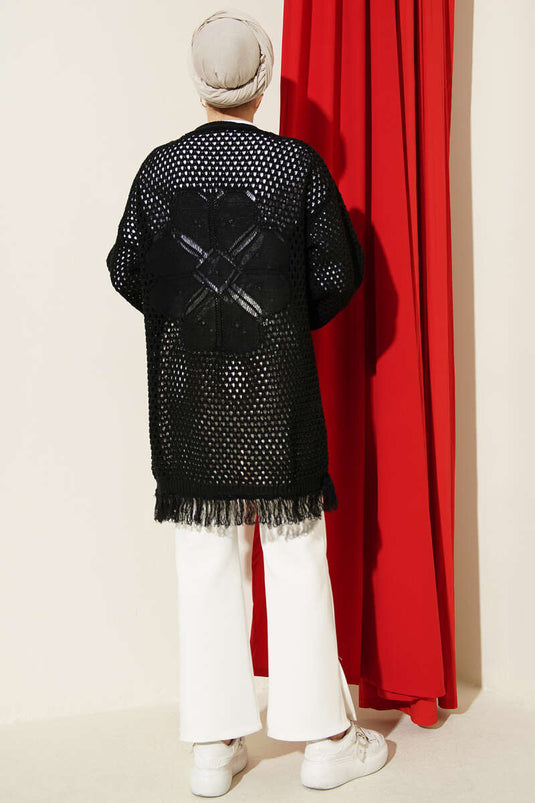 Black Openwork Knit Cardigan with Tassel Hem