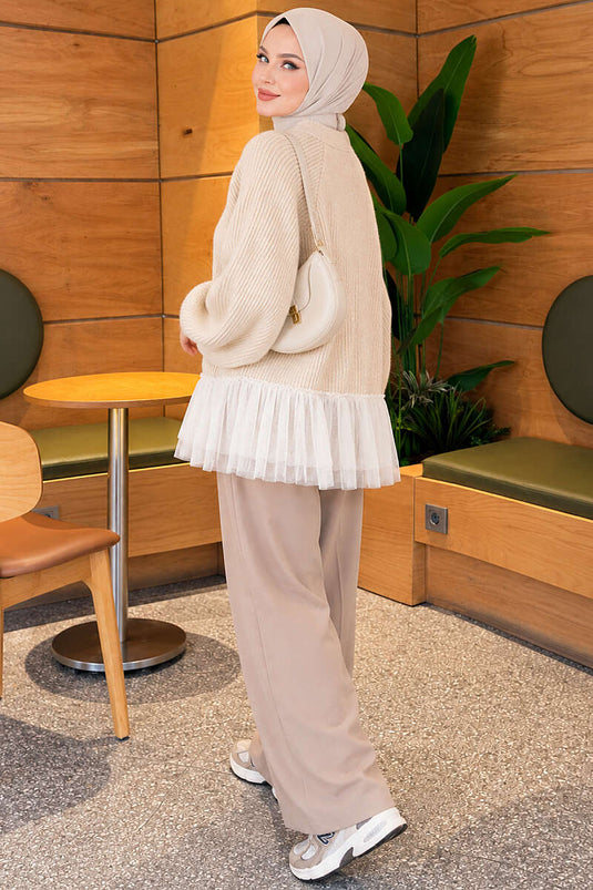 Gilet En Maille Beige À Manches Ballon Et Jupe En Tulle