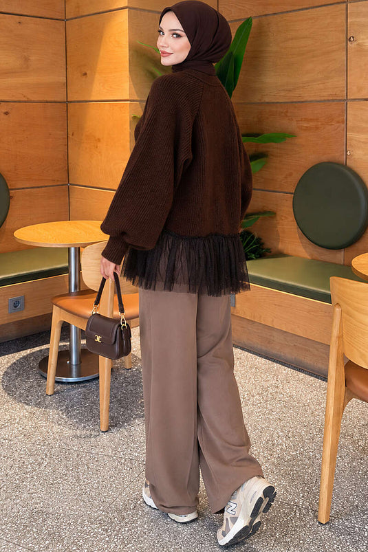 Brown Tulle Skirt Balloon Sleeve Knit Cardigan