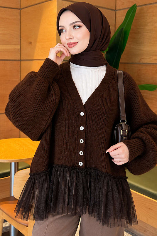 Brown Tulle Skirt Balloon Sleeve Knit Cardigan