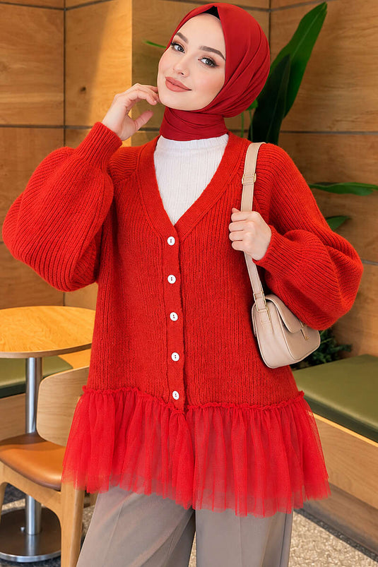Chaqueta De Punto Roja Con Mangas De Globo Y Dobladillo Con Volantes
