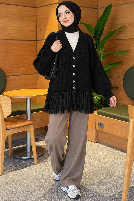 Gilet En Maille À Manches Ballon Et Ourlet En Tulle Noir